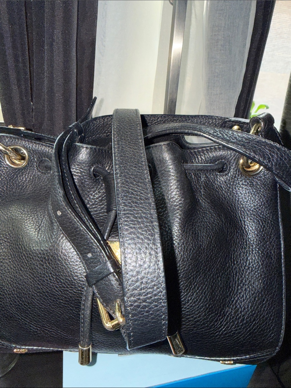 MCM Black Pebbled Leather Drawstring Shoulder Crossbody Bag with Gold Hardware - Picture 9 of 13